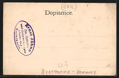 AK Bystrocice-Zeruvky, Strassenpartie mit Brücke, pompöses Gebäude, Ortsansicht