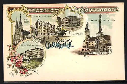 Lithographie Olomouc, Ceske c. k. statni gymnasium, Radnice-Socha Sv. Trojice