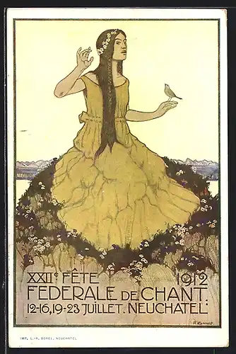 Künstler-AK Neuchatel, XXII Fete Federale de Chant 1912, Singvogel auf der Hand einer Schönen