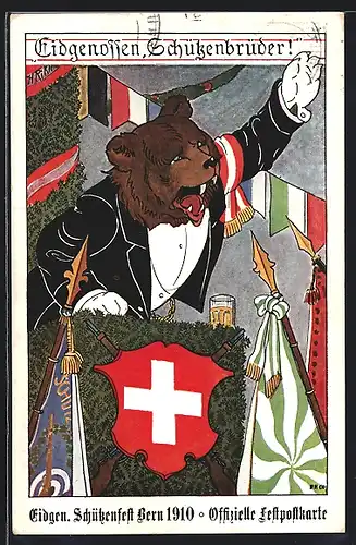 AK Bern, Schützenfest 1910, Bär im Anzug hält eine Rede