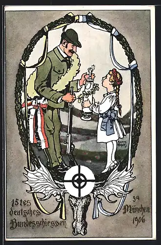 Künstler-AK München, 15tes deutsches Bundesschiessen 1906, Jäger erhält seine Trophäe von einem jungen Mädchen