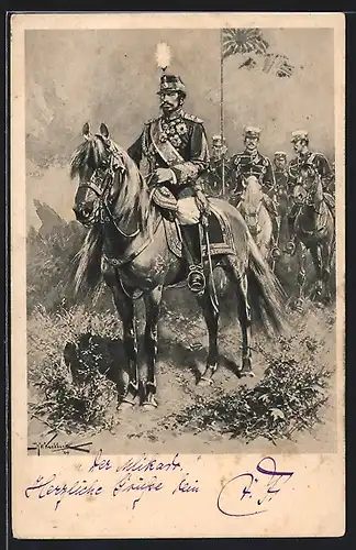 Künstler-AK L`Empereur du Japon, Japanischer Kaiser Mutsuhito hoch zu Ross