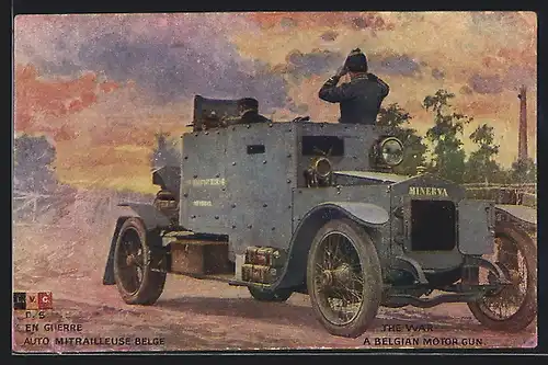Künstler-AK Auto Minerva, Belgian Motor Gun, belgischer Panzerwagen