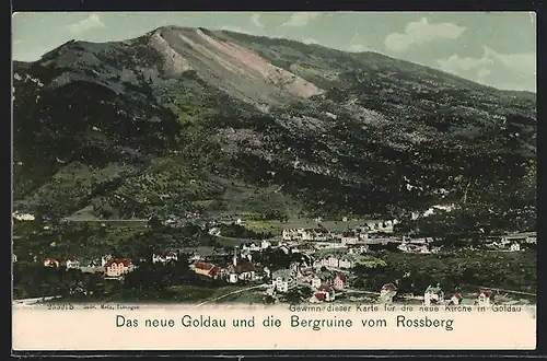 AK Goldau, Gesamtansicht mit Bergruine vom Rossberg