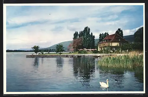 AK La Neuveville, Hotel-Restaurant J. J. Rousseau mit Blick auf den See