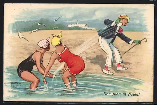 Künstler-AK Helgoland, Zwei Frauen im Badeanzug bespritzen Mann mit Wasser