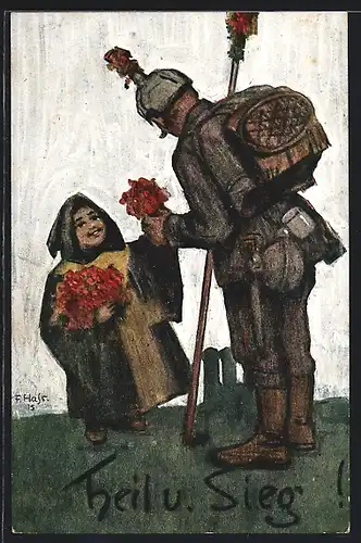 Künstler-AK Fritz Hass: Münchner Kindl schenkt einem Soldaten Blumen