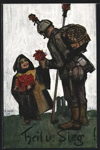 Künstler-AK Fritz Hass: das Münchner Kindl schenkt einem Soldaten Blumen