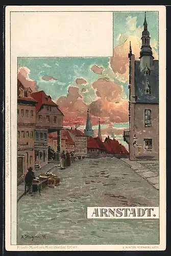 Künstler-AK Albert Stagura: Arnstadt, Strassenpartie mit Gebäudeansicht
