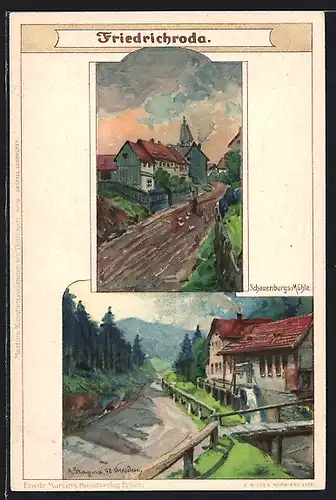 Künstler-AK Albert Stagura: Friedrichroda, Schauenburgsmühle und Strassenpartie mit Gebäudeansicht