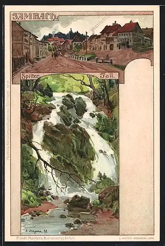 Künstler-AK Albert Stagura: Tambach / Dietharz, Blick in den Ort, Spitter Fall