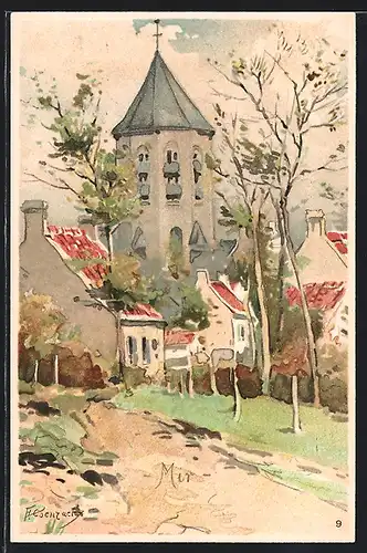 Lithographie Knocke, Partie an der Kirche