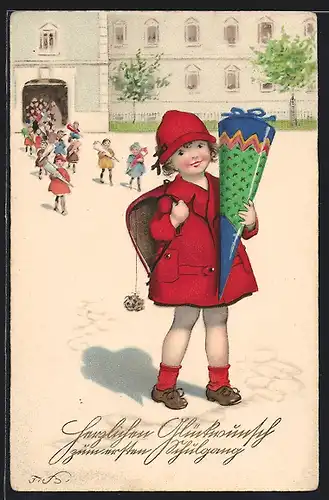 Künstler-AK F.Baumgarten: Glückwunsch zum ersten Schulgang, Mädchen kommt mit Zuckertüte & Ranzen aus der Schule