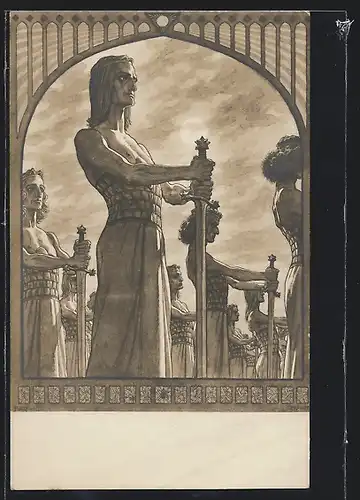 Künstler-AK Fidus: Schwertwache, Stramm stehende Männer, Hände auf den Schwertern