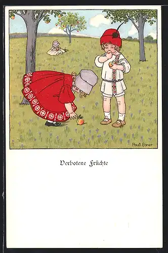 Künstler-AK Pauli Ebner: Verbotene Früchte, Kinder naschen Äpfel von einer Wiese