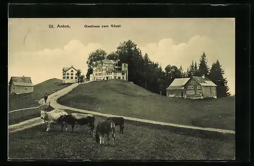 AK St. Anton, Kühe auf der Weide vor dem Gasthaus zum Rössli