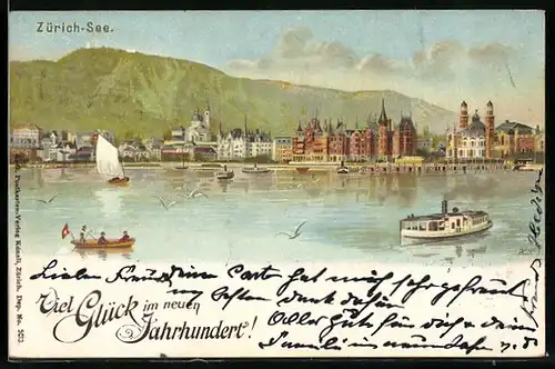 Lithographie Zürich, Zürich See mit Dampfer, Gebirge und Teilansicht vom Wasser auf Zürich