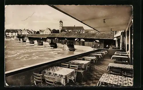 AK Stein-Säckingen, Restaurant zur Rheinbrücke mit Ortsblick