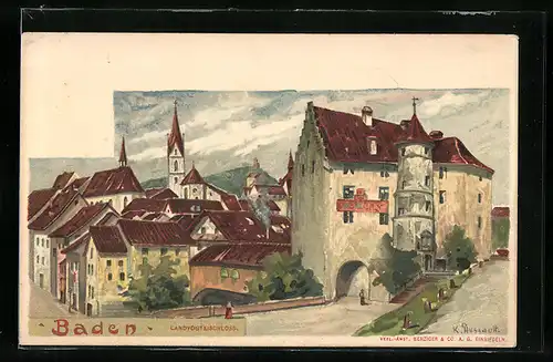 Lithographie Baden, Teilansicht mit Landvogteischloss