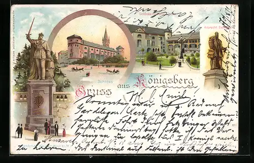 Lithographie Königsberg, Schloss-Hof und Kirche, Albrecht-Denkmal