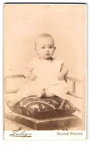 Fotografie Zeibig, Dresden-Striesen, Strasse J. 39, Süsses Kleinkind im Hemd sitzt auf Kissen