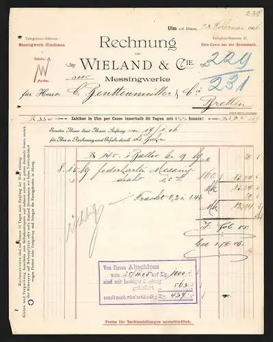 Rechnung Ulm 1906, Wieland & Cie. Messingwerke