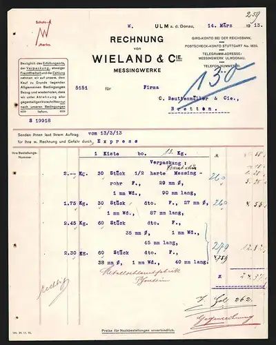 Rechnung Ulm a. d. Donau 1913, Wieland & Cie. Messingwerke