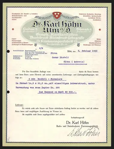 Rechnung Ulm a. D. 1923, Dr. Karl Höhn Graph. Kunstanstalten, Buch- und Steindruck, Lithografie, Kartonagenfabrik