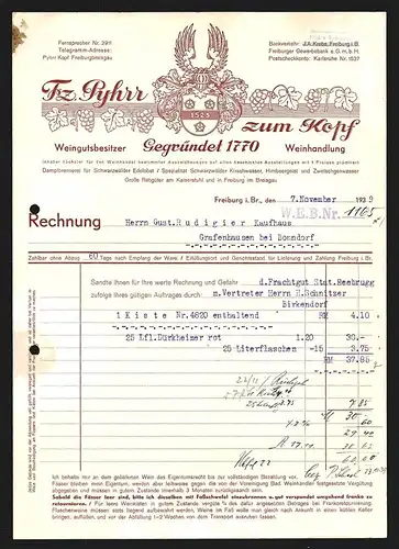 Rechnung Freiburg i. B. 1939, Fz. Pyhrr zum Kopf, Weingutsbesitzer, Weinhandlung, Wappen