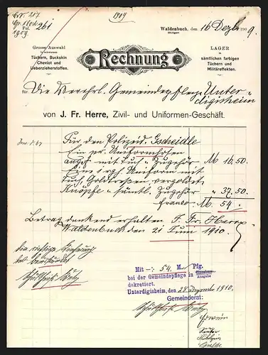 Rechnung Waldenbuch 1909, J. Fr. Herre Zivil- und Uniformen-Geschäft