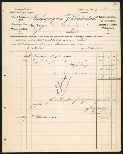 Rechnung Esslingen 188?, J. Duderstadt Plattir- & Metallwaaren-Fabrik