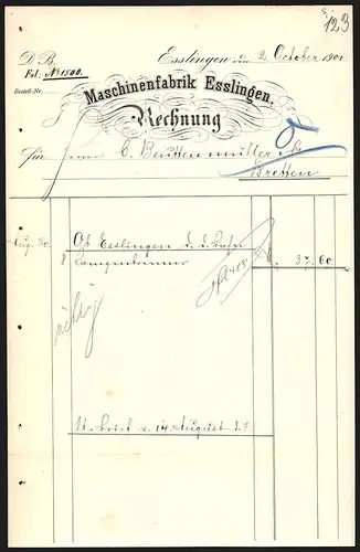 Rechnung Esslingen 1901, Maschinenfabrik Esslingen