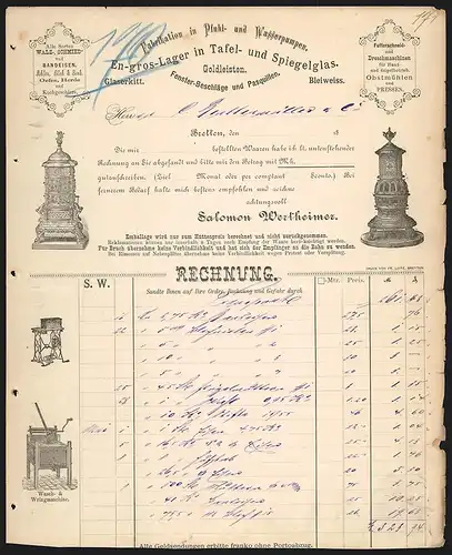 Rechnung Bretten, Salomon Wertheimer Fabrikation in Pfuhl- und Wasserpumpen, Glas- und Metallprodukte, Zwei Öfen