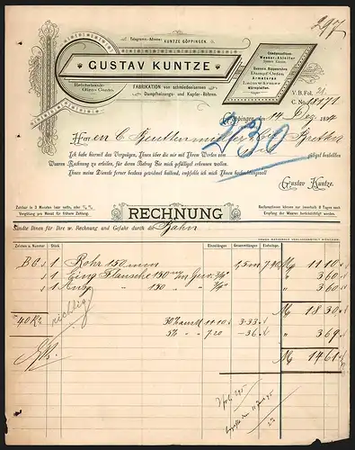 Rechnung Göppingen 1894, Gustav Kuntze Fabrikation schmiedeeiserner Dampfheizungs- und Kupfer-Röhren