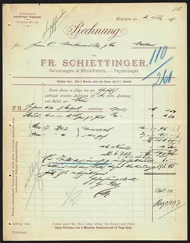 Rechnung Göppingen 1897, Friedrich Schiettinger Cartonnagen- & Etuis-Fabrik, Papier-Lager