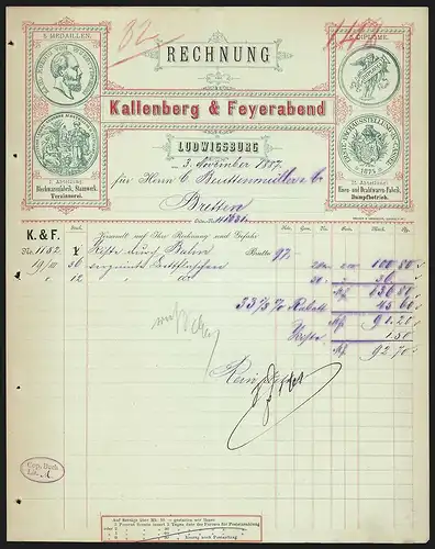 Rechnung Ludwigsburg 1887, Kallenberg & Feyerabend, Blech-, Eisen- und Drahtwarenfabriken, Medaillen und Diplome