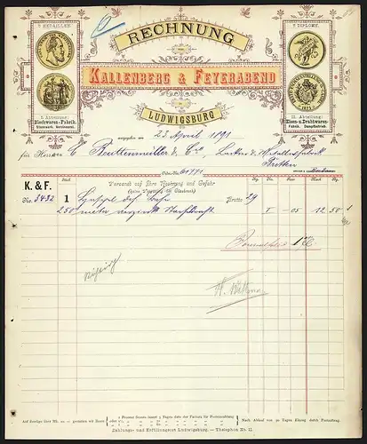 Rechnung Ludwigsburg 1891, Kallenberg & Feyerabend, Blech-, Eisen- und Drahtwarenfabriken, Medaillen und Diplome