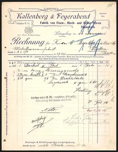 Rechnung Ludwigsburg 1906, Kallenberg & Feyerabend Fabrik von Eisen-, Blech- und Draht-Waren, Stanzwerk