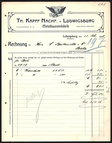 Rechnung Ludwigsburg 1906, Th. Kapff Nachf. Metallwarenfabrik, Wappen der USA