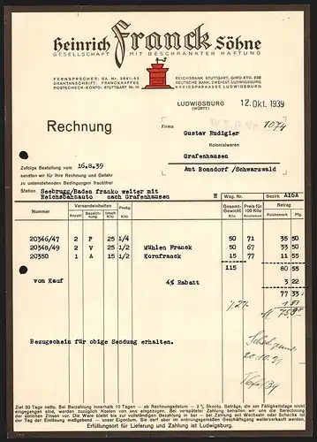 Rechnung Ludwigsburg 1939, Heinrich Franck Söhne GmbH, Kaffeemühle