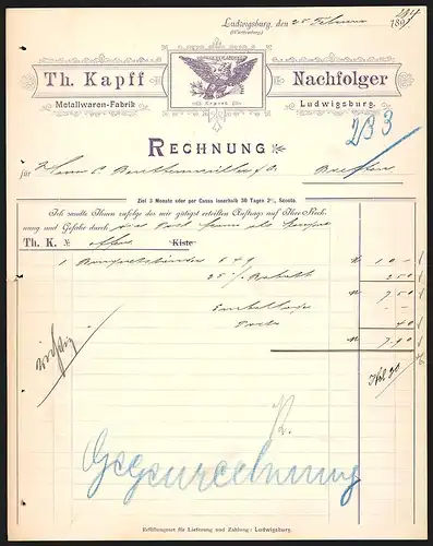 Rechnung Ludwigsburg 1897, Th. Kapff Nachfolger Metallwarenfabrik, Export in die USA