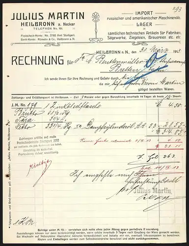 Rechnung Heilbronn a. N. 1913, Firma Julius Martin, Maschinenöl-Import und Lagrung von Fabrikartikeln