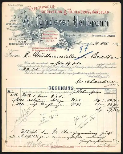 Rechnung Heilbronn 1895, A. Landerer Papierwaren-Fabrikation &Papiergrosshandlung, weisse Blüten