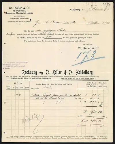 Rechnung Heidelberg 1906, Ch. Keller & Co. Drogen und Chemikalien en gros