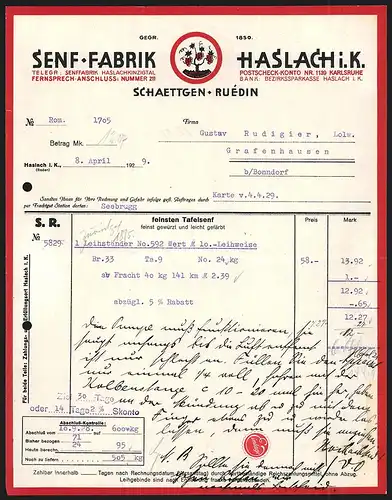 Rechnung Haslach i. K. 1929, Schaettgen-Ruédin Senf-Fabrik, Firmenlogo