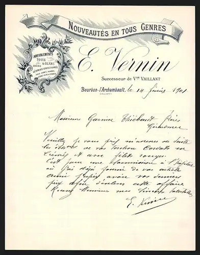 Rechnung Bourbon-l`Archambault 1901, E. Vernin Nouveautés en tous Genres, Ameublements