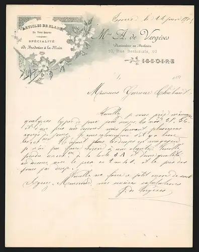 Rechnung Issoire 1901, Madame A. de Vergeses, Articles de Blanc, Dessinateur en Broderier, 10 Rue Berbiziale