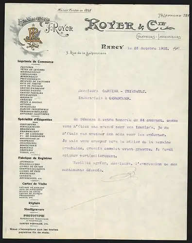 Rechnung Nancy 1902, Royer & Cie., Etablissements J. Royer, Firmenlogo