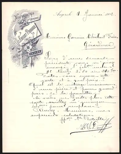 Rechnung Angers 1902, A L`Enfant Prodigue, V. Béteille, Nouveautés, 62 Rue du Mail