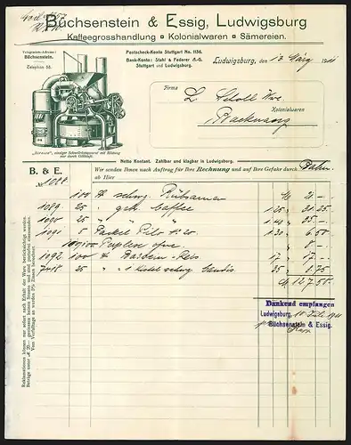 Rechnung Ludwigsburg 1911, Büchsenstein & Essig Kaffeegrosshandlung, Kolonialwaren, Sämereien, Schnellröstapparat